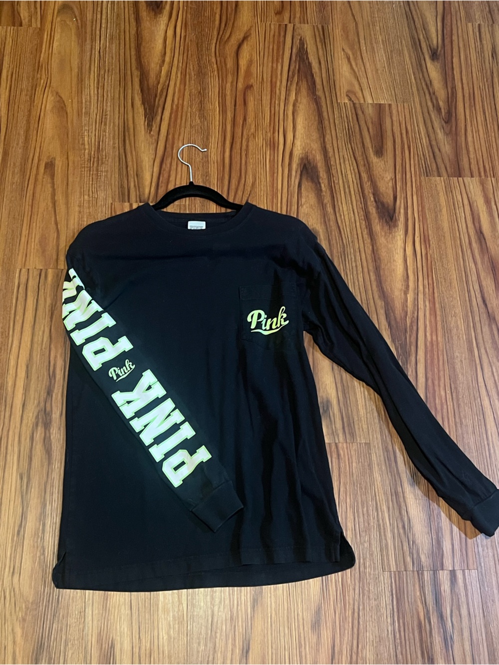 PINK Victoria's Secret Black long sleeve shirt with Neon Logo